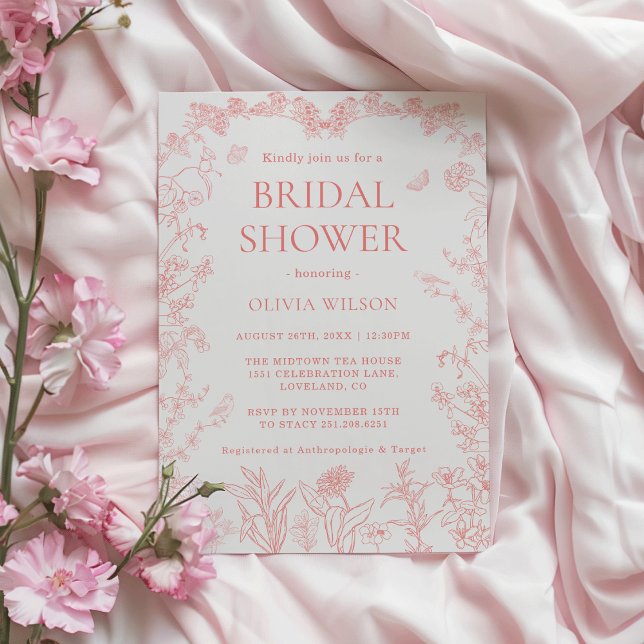 Invitación Despedida de Soltera Chinoiserie Jardín Rosa Meloc (Whimsical Peach Pink Garden Chinoiserie Bridal Shower Invitation)