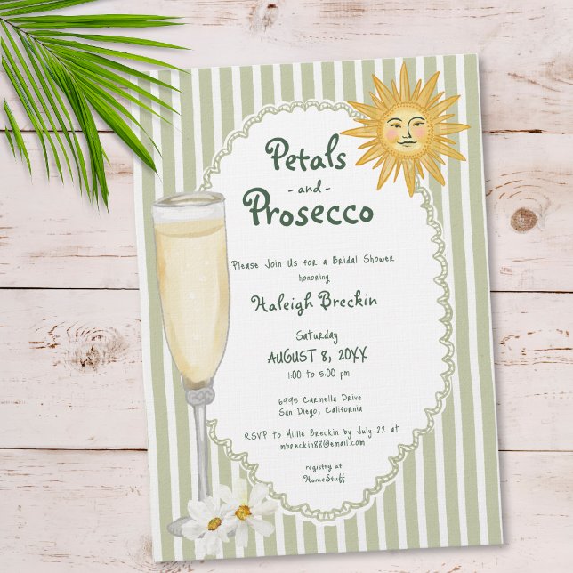 Invitación Despedida de soltera Coastal Sun Palm Petals & Pro (Coastal Sun Palm Petals & Prosecco Bridal Shower Invitation)