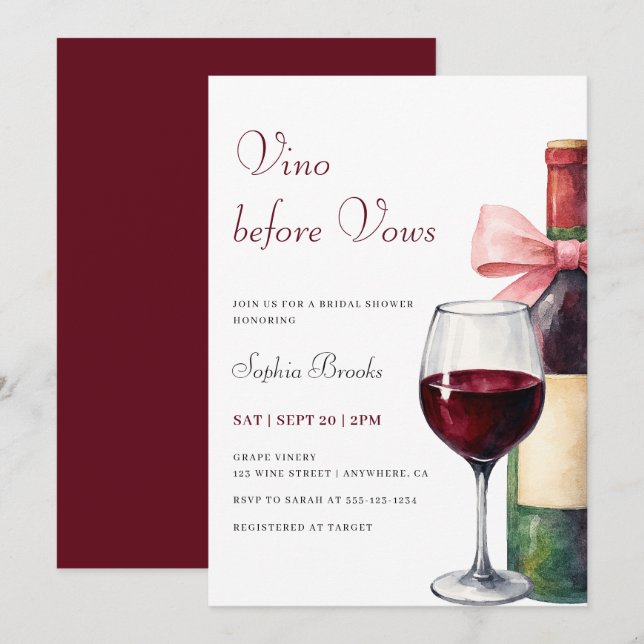 Invitación Despedida de soltera con acuarela moderna Vino ant (Anverso / Reverso)