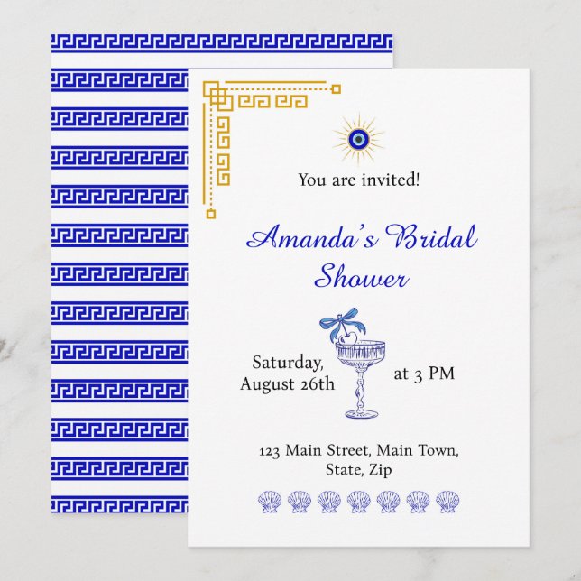 Invitación Despedida de soltera con algo azul y griego (Anverso / Reverso)