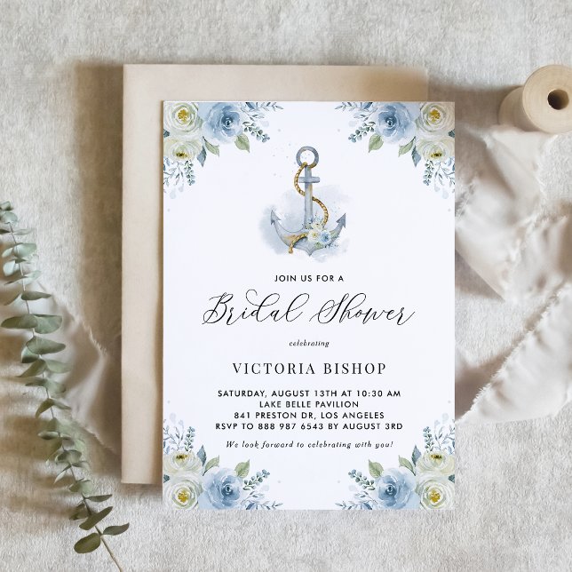 Invitación Despedida de Soltera con Ancla en Acuarela y Flore (Nautical bridal shower invitation featuring watercolor floral anchor with blue and white flowers.)