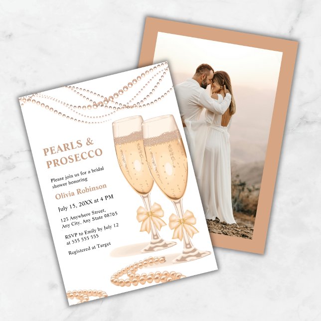 Invitación Despedida de Soltera con Arco de Oro Perlas y Pros (Photo Gold Bow Pearls and Prosecco Bridal Shower Invitation )