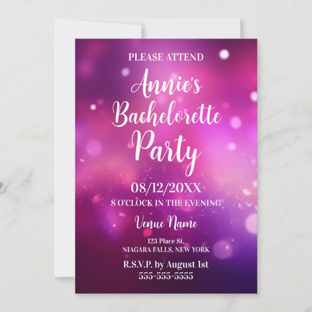 Invitación Despedida de soltera con Bokeh Rosa (Anverso)