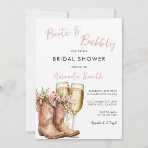 Invitación Despedida de soltera con botas rosadas y champán b