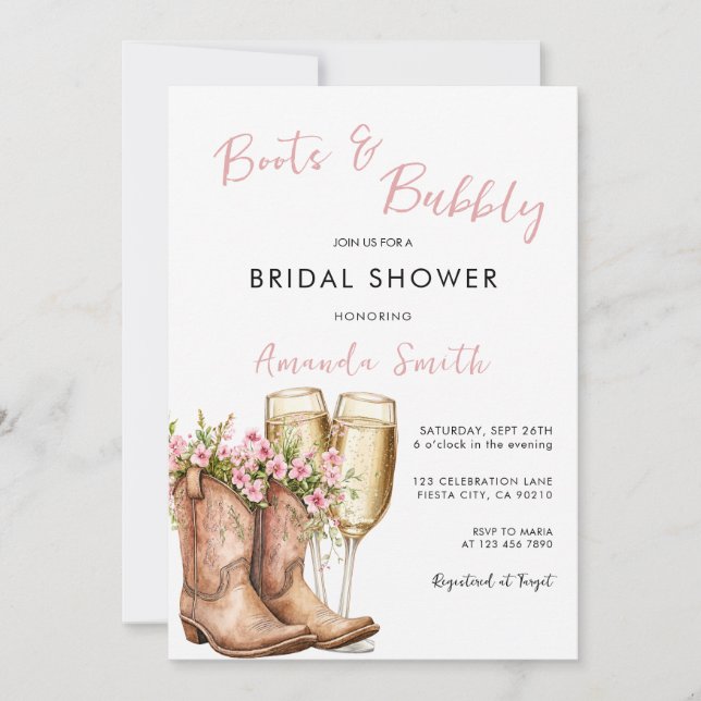 Invitación Despedida de soltera con botas rosadas y champán b (Anverso)