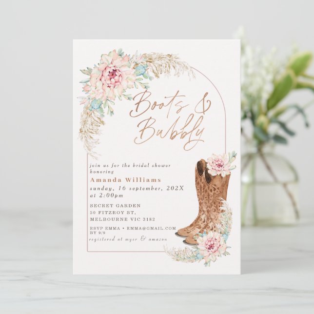 Invitación Despedida de Soltera con Botas Rosas Boho y Burbuj (Anverso de pie)