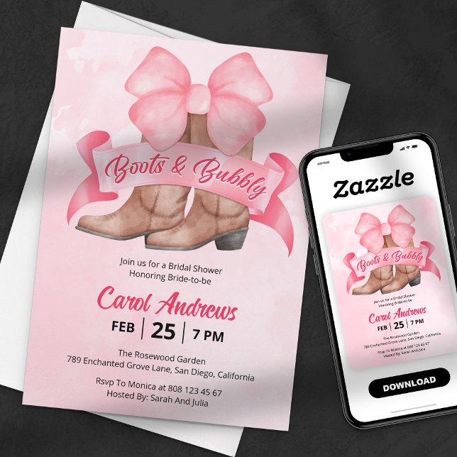 Invitación Despedida de Soltera con Botas Rosas y Lazo Burbuj (Subido por el creador)