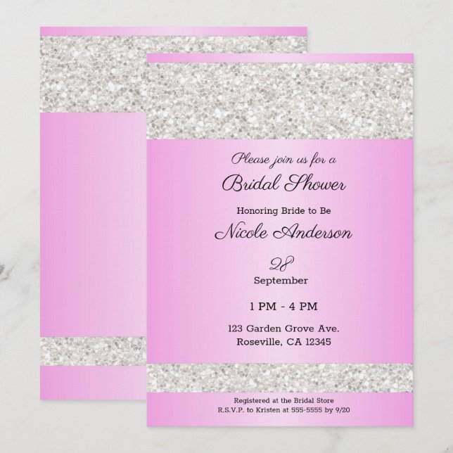 Invitación Despedida de soltera con brillo blanco y rosa glam (Anverso / Reverso)