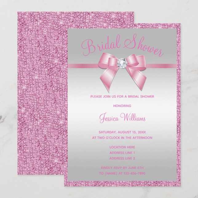 Invitación Despedida de soltera con brillo rosa y lazo de gem (Anverso / Reverso)