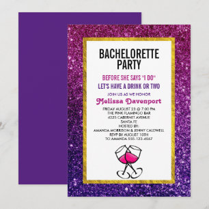 Invitación Despedida de soltera con brillo rosa y púrpura