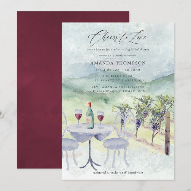 Invitación Despedida de soltera con cata de vinos con acuarel (Anverso / Reverso)