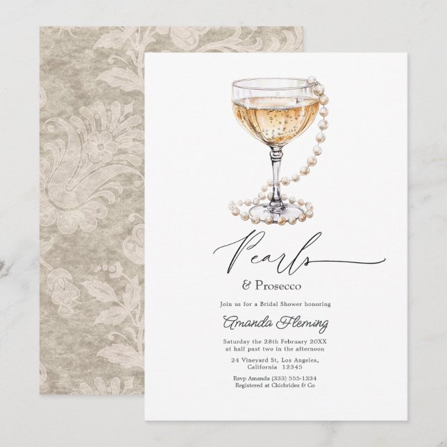 Invitación Despedida de soltera con champán Pearls & Prosecco (Anverso / Reverso)