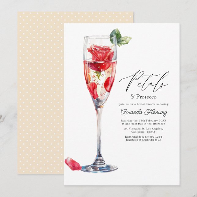 Invitación Despedida de soltera con champán Petals & Prosecco (Anverso / Reverso)