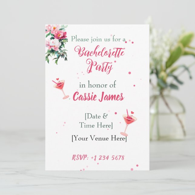 Invitación Despedida de soltera con cóctel floral de peonía r (Anverso de pie)
