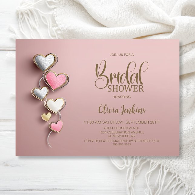 Invitación Despedida de soltera con corazones rosas y platead (Subido por el creador)
