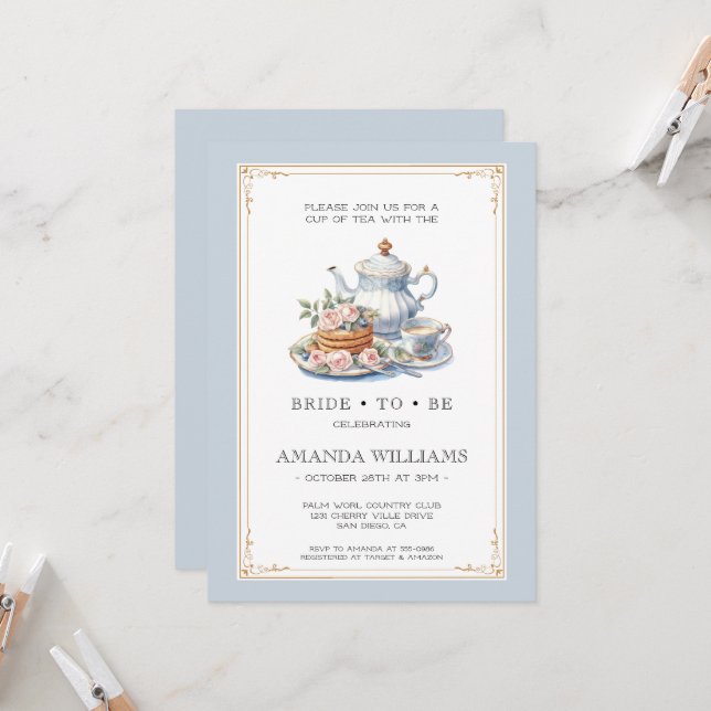 Invitación Despedida de soltera con fiesta del té en azul pol (Anverso/Reverso In Situ)