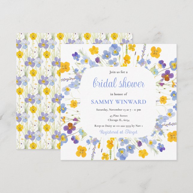 Invitación Despedida de Soltera con Flores Azules y Amarillas (Anverso / Reverso)