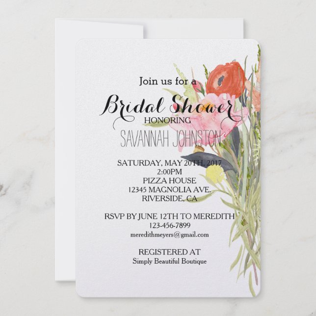 Invitación Despedida de soltera con flores de acuarela (Anverso)