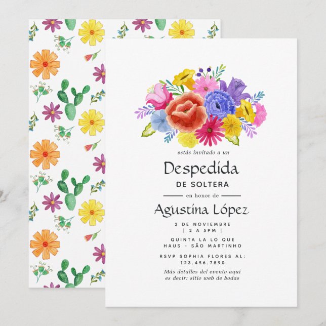 Invitación Despedida de soltera con flores de acuarela Fiesta (Anverso / Reverso)