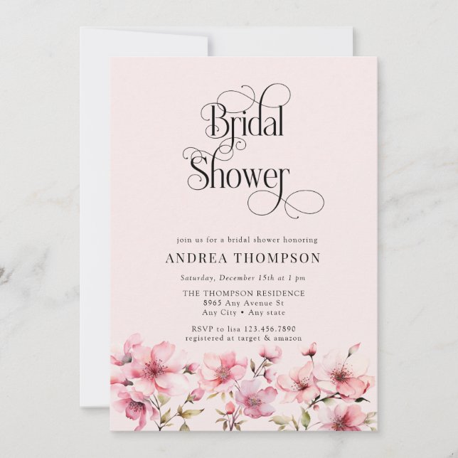 Invitación Despedida de soltera con flores de acuarela rosada (Anverso)