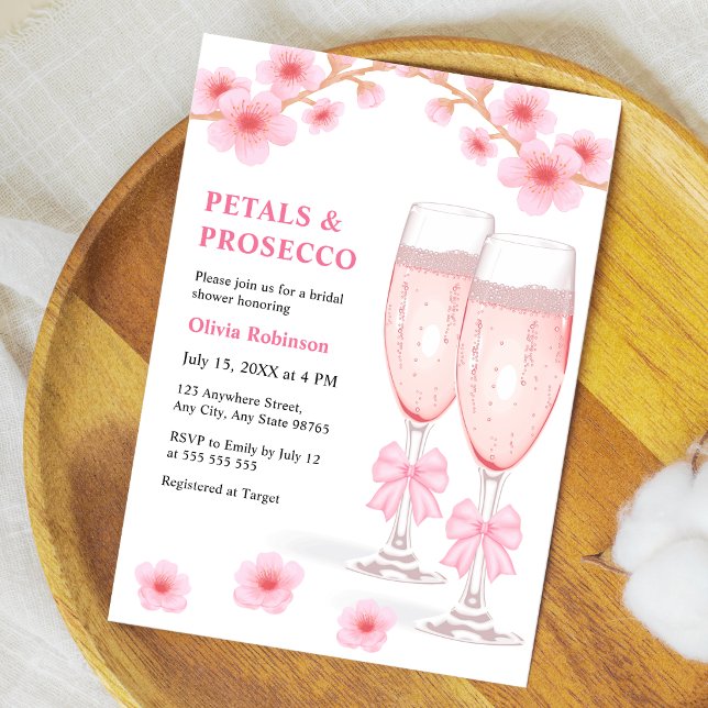 Invitación Despedida de soltera con flores de lazo rosa y Pro (Pink Bow Floral Petals and Prosecco Bridal Shower Invitation )