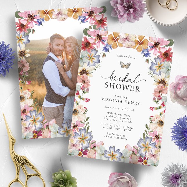 Invitación Despedida de soltera con flores silvestres (Colorful Boho Wildflower Bridal Shower Invitation with Engagement Photo by Painted Papery
)