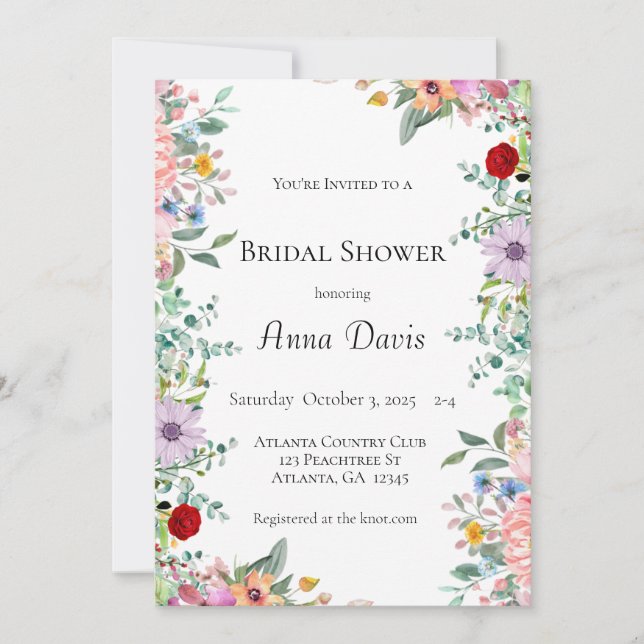 Invitación Despedida de soltera con flores silvestres (Anverso)