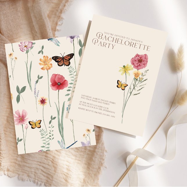 Invitación Despedida de soltera con flores silvestres rosadas (Simple Pink Yellow Wildflower Bachelorette Invitation)