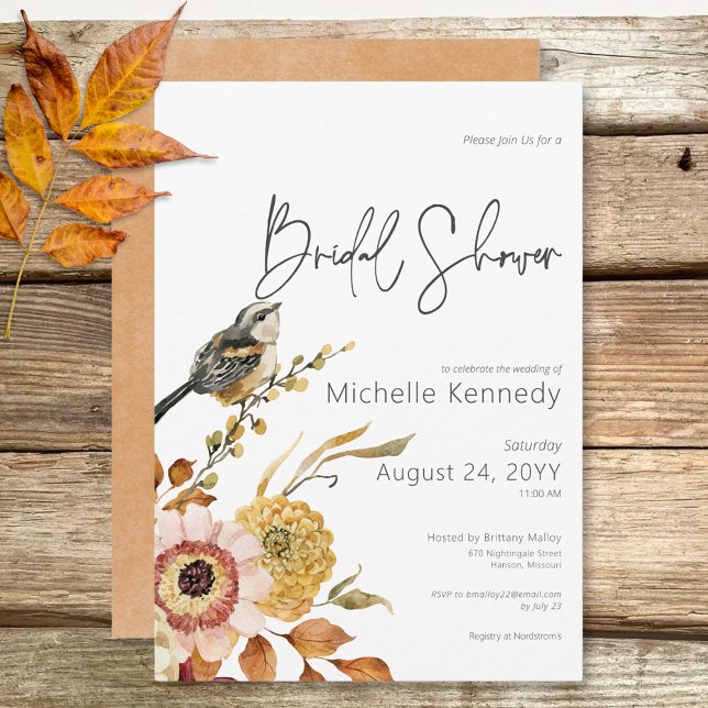 Invitación Despedida de soltera con flores y aves del otoño m (Modern Fall Floral & Bird Bridal Shower Invitation)