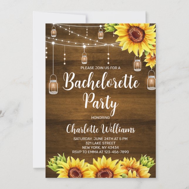 Invitación Despedida de soltera con girasoles de madera rústi (Anverso)