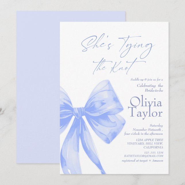 Invitación Despedida de soltera con lazo azul Ella se casa (Anverso / Reverso)