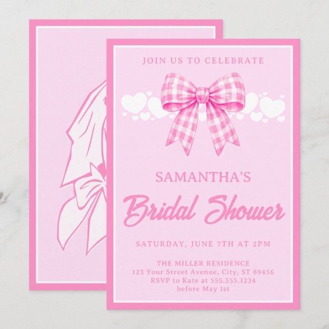 Invitación Despedida de soltera con lazo de gingham rosa (Anverso / Reverso)
