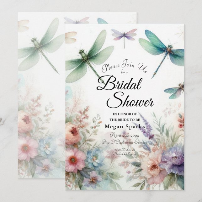 Invitación Despedida de soltera con libélulas y florales past (Anverso / Reverso)