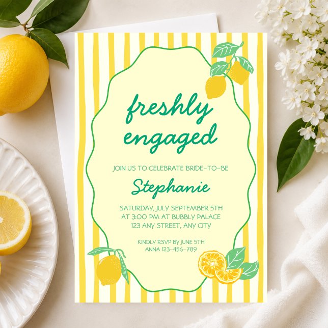 Invitación Despedida de Soltera con Limón Amarillo Fresco Rec (Freshly Engaged Yellow Lemon Citrus Bridal Shower Invitation)