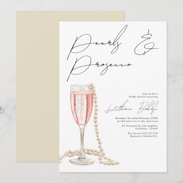 Invitación Despedida de Soltera con Perlas Elegantes y Prosec (Anverso / Reverso)