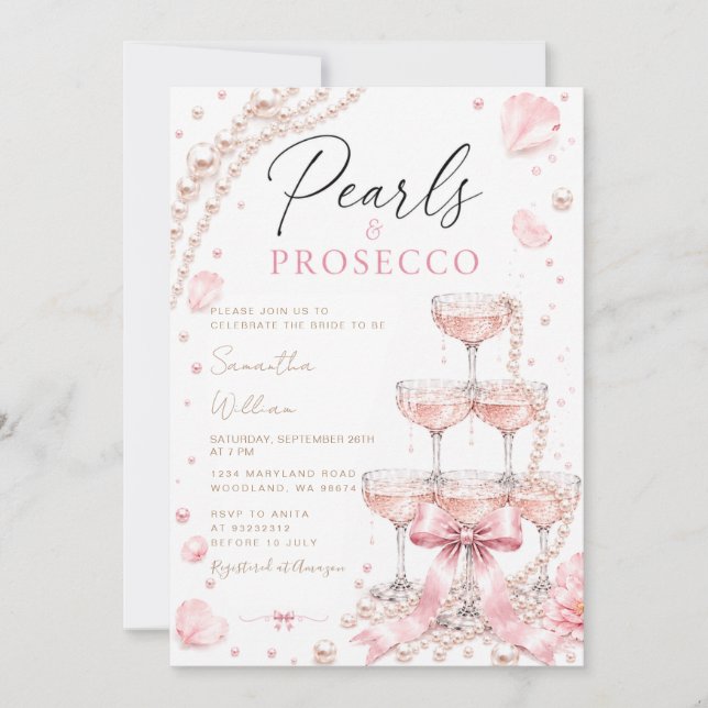 Invitación Despedida de soltera con perlas rosadas y champán  (Anverso)