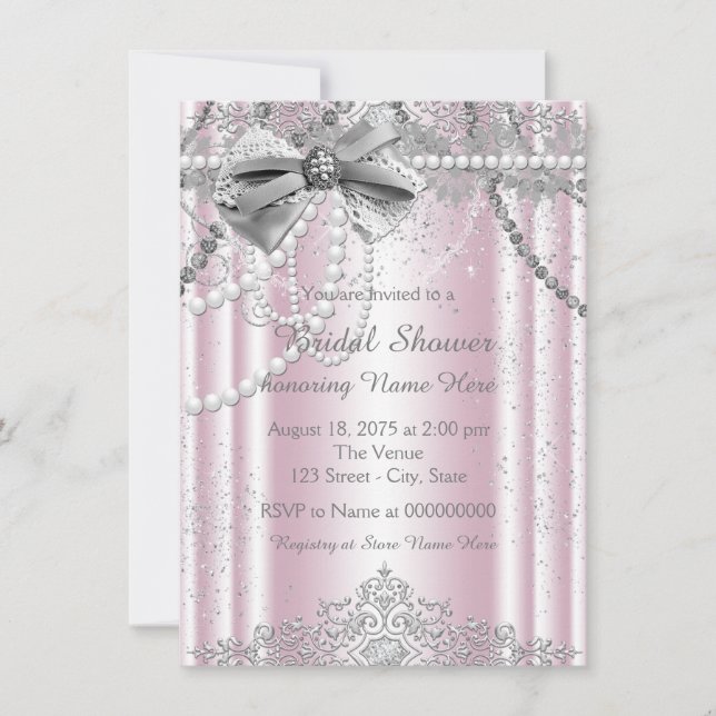 Invitación Despedida de soltera con perlas rosadas y grises (Anverso)