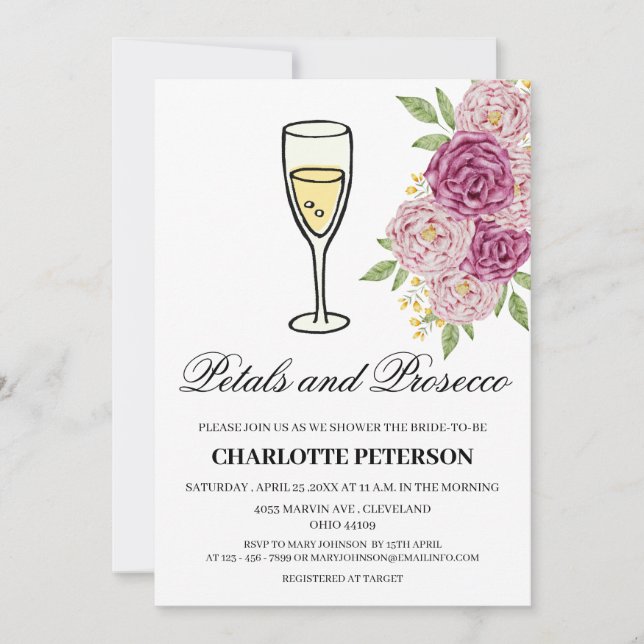 Invitación Despedida de soltera con Pétalos y Prosecco con te (Anverso)