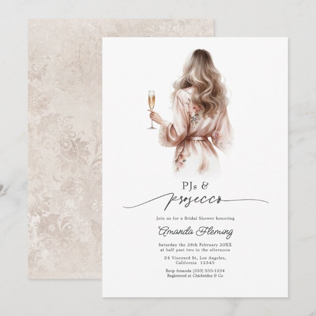 Invitación Despedida de soltera con pijamas elegantes y prose (Anverso / Reverso)