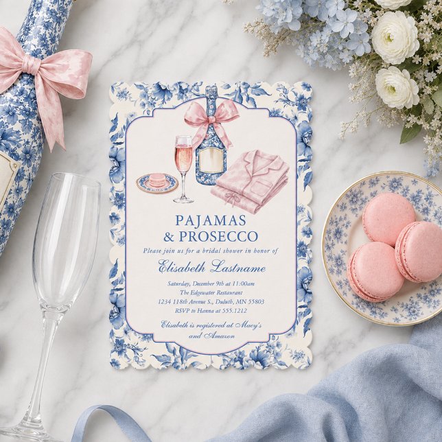 Invitación Despedida de soltera con pijamas y prosecco lazo r (Pajamas and Prosecco Pink Bow Bridal Shower Invitation)