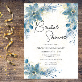 Invitación Despedida de soltera con poinsettia azul y dorado 
