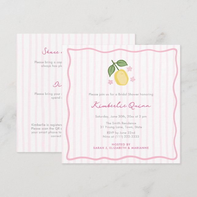 Invitación Despedida de soltera con rayas modernas y limón di (Anverso / Reverso)