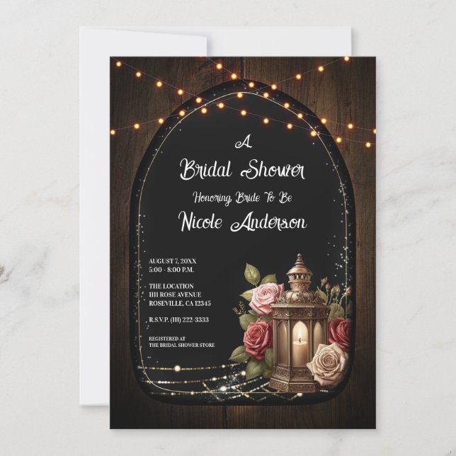 Invitación Despedida de Soltera con Rosas y Luces de Linterna (Anverso)