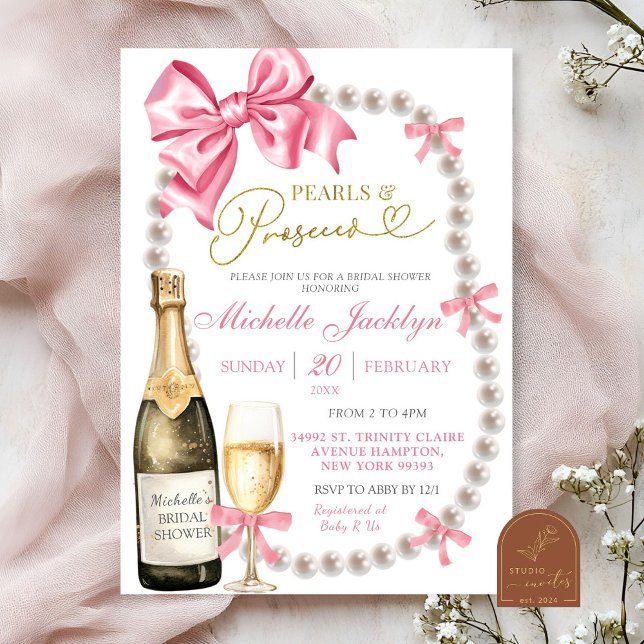 Invitación Despedida de soltera Coquette Bow Perlas y prosecc (Subido por el creador)