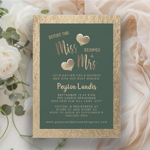 Invitación Despedida de soltera corazones de oro verde esmera