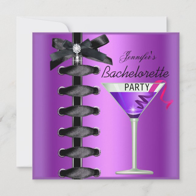 Invitación Despedida de soltera Corbata Cocktail Negro Morado (Anverso)