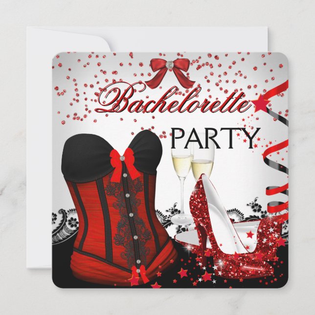Invitación Despedida de soltera Corsé rojo tacones altos Cham (Anverso)