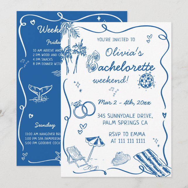 Invitación Despedida de soltera costera dibujada a mano (Anverso / Reverso)