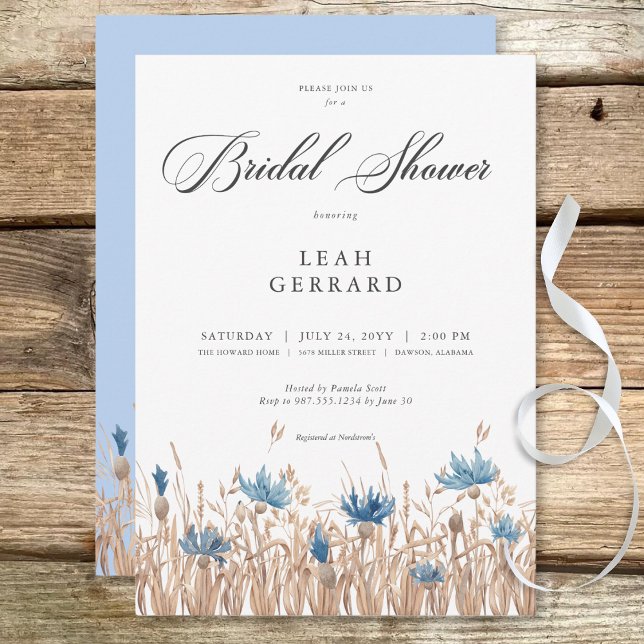Invitación Despedida de Soltera de Acianos Azules y Campo de  (Blue Cornflowers & Wheat Field Bridal Shower Invitation)