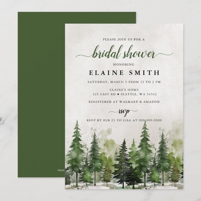 Invitación Despedida de soltera de acuarela rústica de bosque (Anverso / Reverso)